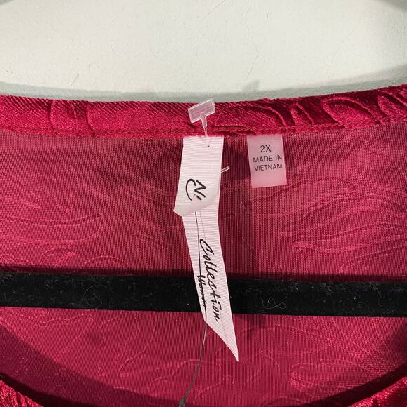 NY Collection Women Red Velvet Bell Sleeves Asymmetrical Hem Blouse Size 2X - Picture 3 of 7